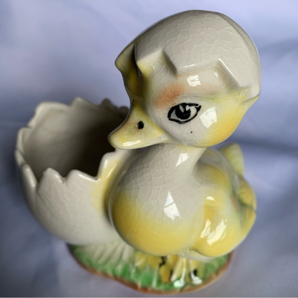 Yellow Porcelain Duckling Easter Egg Planter Made in Japan Farm Animal Vintage